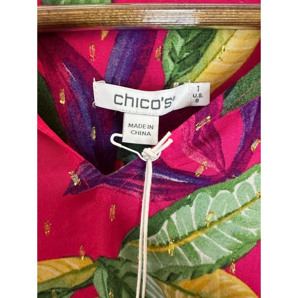NEW Chico's Double Ruffle Sleeve Vivid Botanical Blouse Tasseled Top Size 1 US 8 - Picture 3 of 11